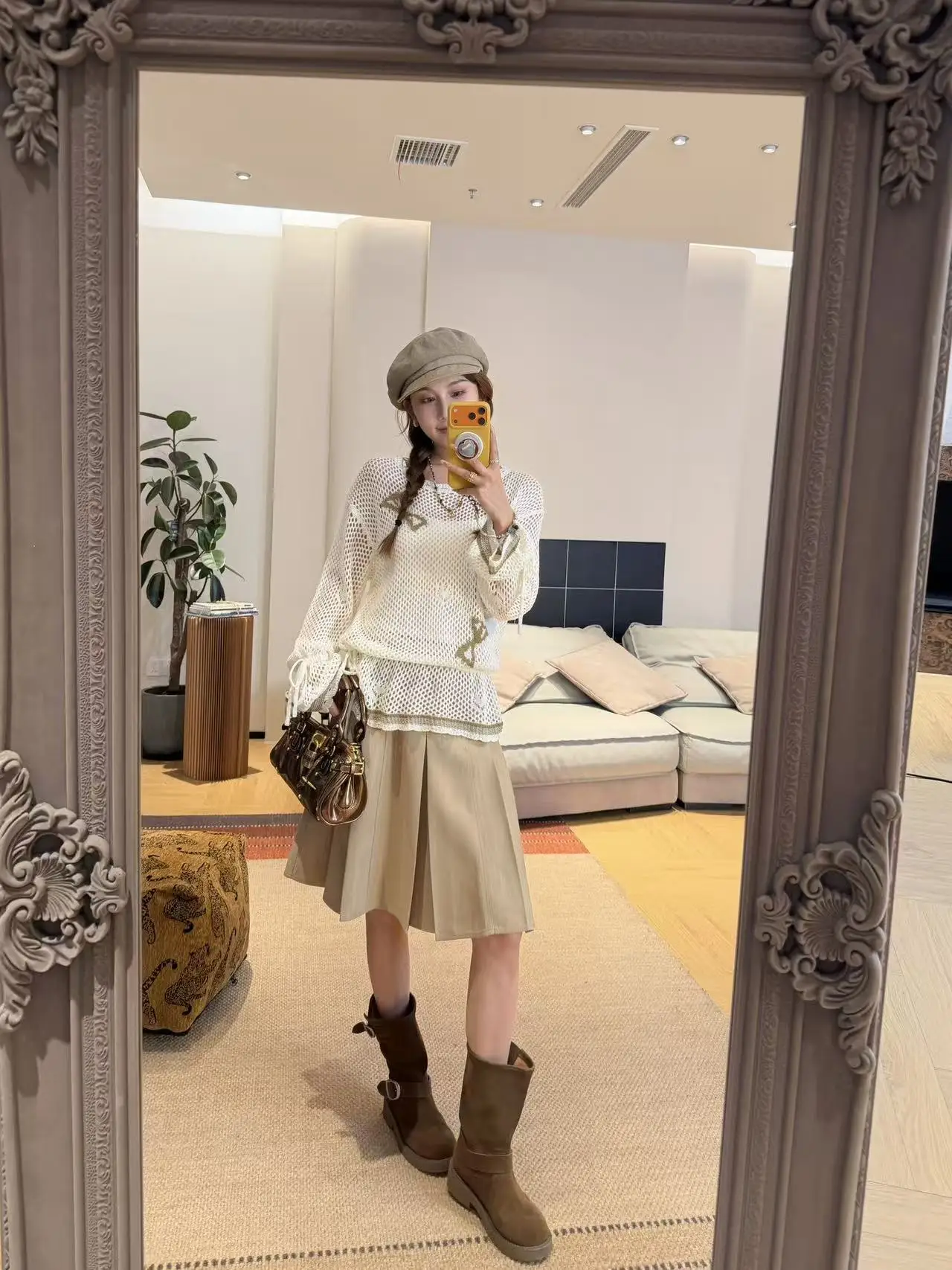 

Interactive Light And Shadow Design Long Sleeve Knitted Cover up Loose Fit Waist Cinched Hollow out Hook Flower Gown