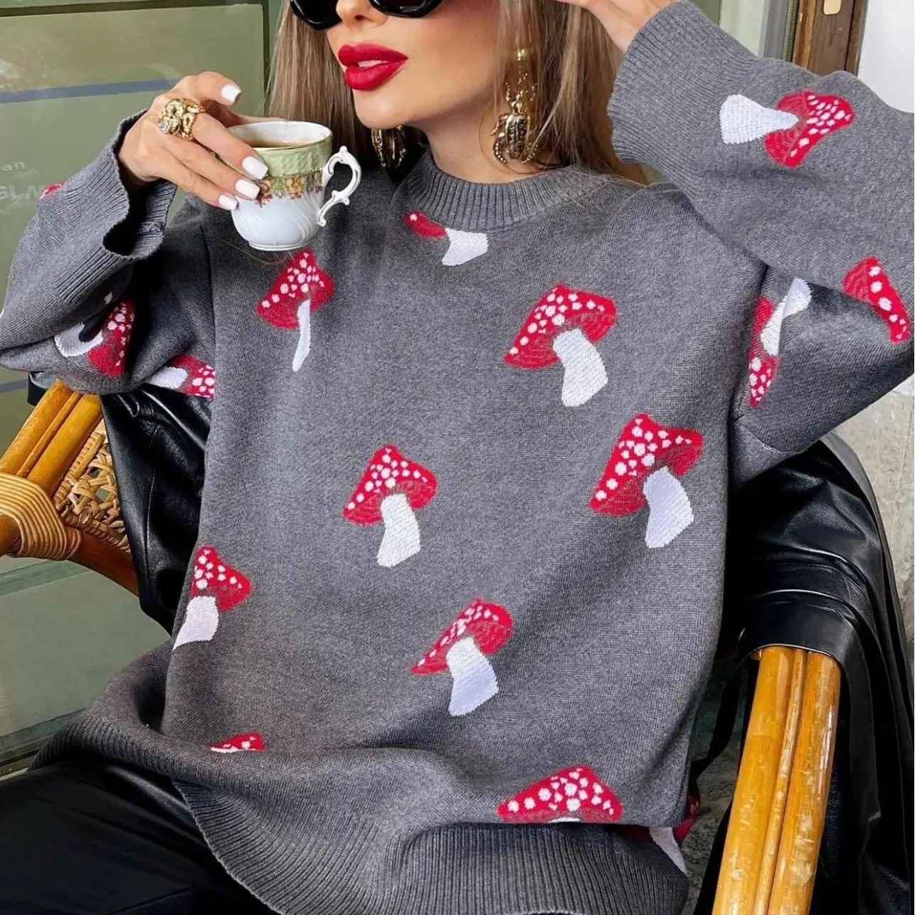 European and American Niche Design Mushroom Jacquard Sweater for Women