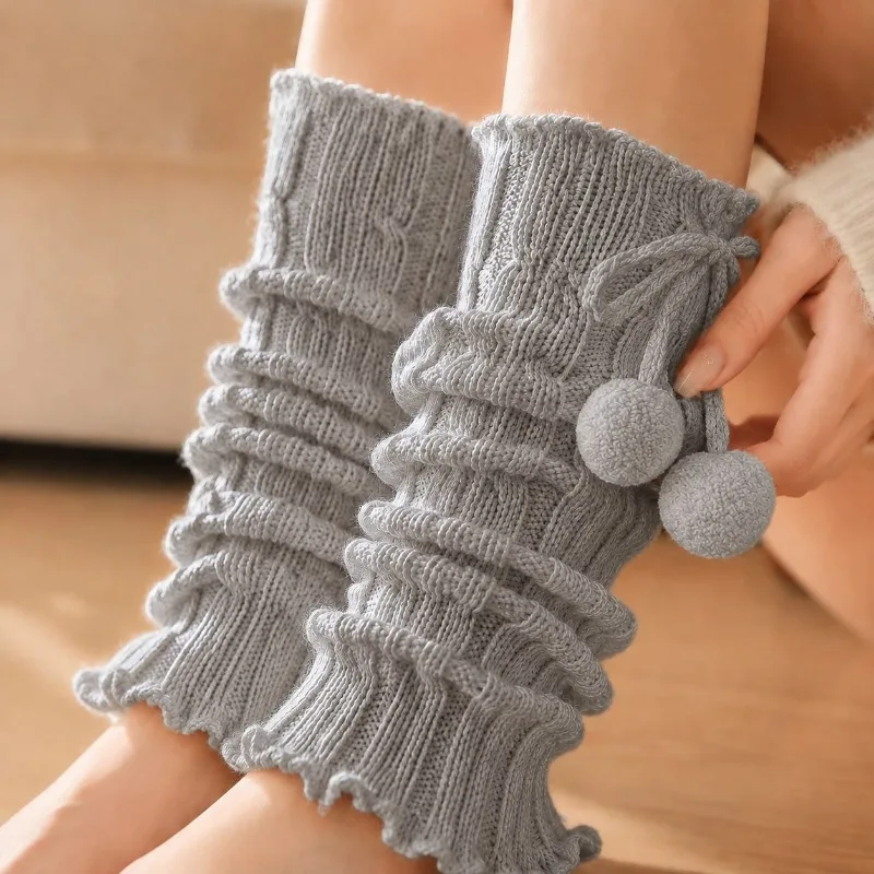 Women Winter Warm Thickened Fuzzy Faux Deer Fur Ball Accent Slouchy Leg Warmers Thermal for Home Outdoor Party Gift