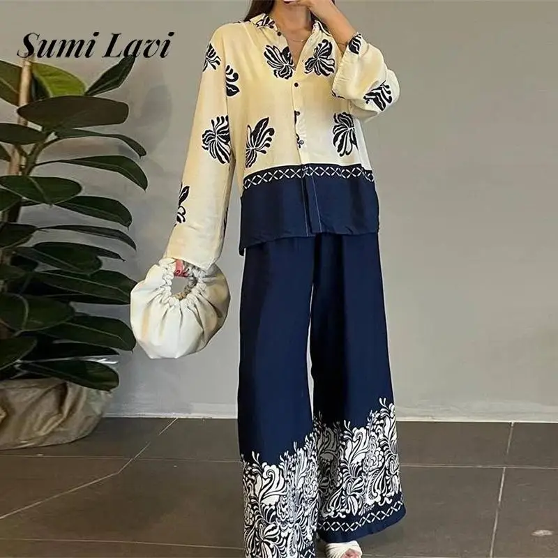 

2024 Elegant Print Long Pant Loose 2Pc Suit Fashion Lapel Button Top & Wide Leg Pant Set Women Causal Long Sleeve Shirt Outfits