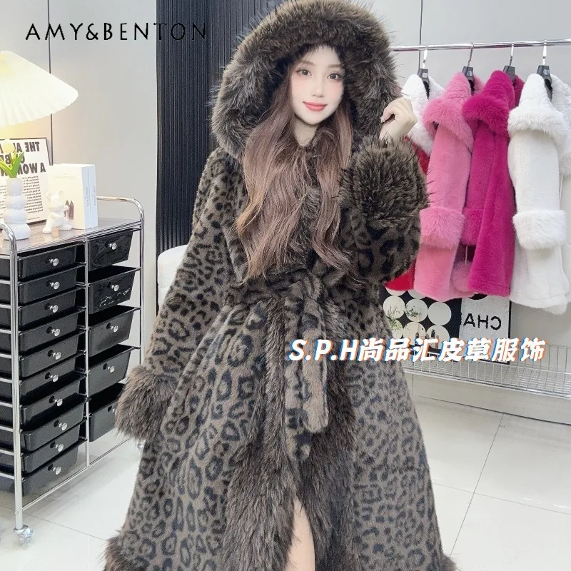 

New Women's Environmentally Friendly Fluffy Leopard Print Faux Fur Coat Long Hooded Warm Comfortable Long European Mink Jacket