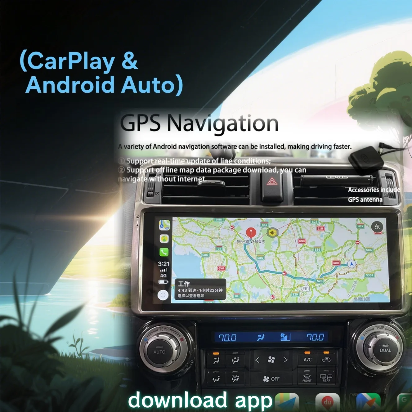 12.3 polegadas android para toyota 4runner 2010 - 2023 rádio sem fio carplay unidade principal de navegação gps reprodutor de vídeo multimídia 4g wifi