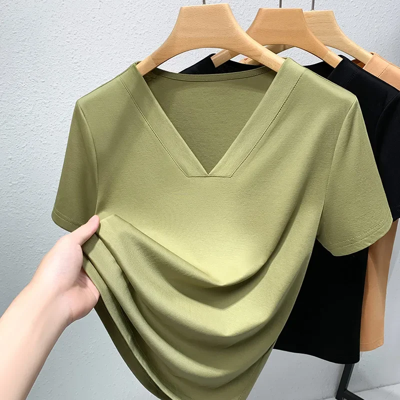 WT40    Short sleeve T-shirt women's summer 2023 new women's open v round neck elastic cotton T-shirt simple solid color