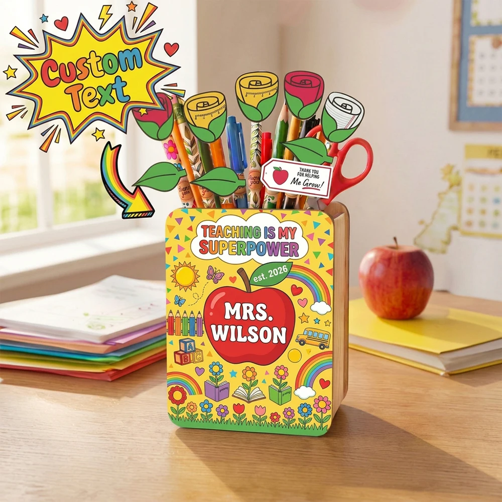 Custom Name  Pencil Holder,Personalized Wooden Desk Caddy,Teacher Thank You Gift,First Day Of School,Office Stationery Container