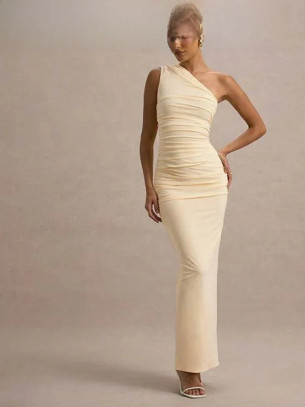 

Slanted oulder Gown Women's Slim Fit Long Evening Dr High Waist Wrap Bodycon Skirt Sle without Sve High Class