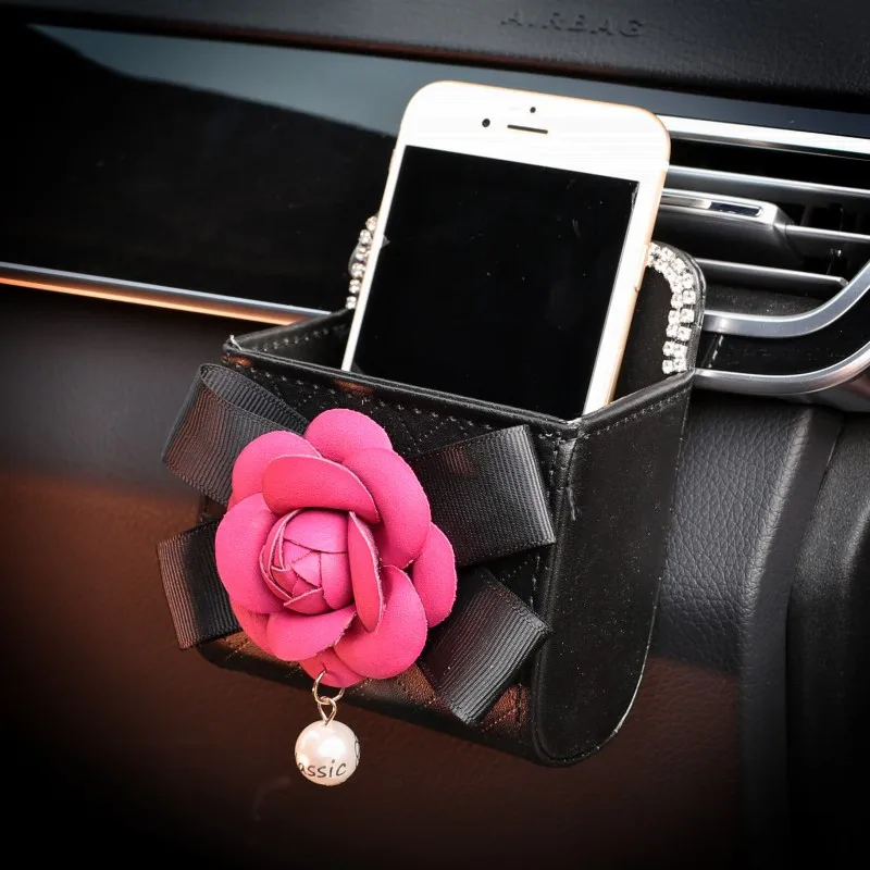 Camellia Flower Crystal Diamond Car Outlet Air Vent Trash Box for Auto Mobile Phone Holder Pouch Organizer Hanging Storage Bag