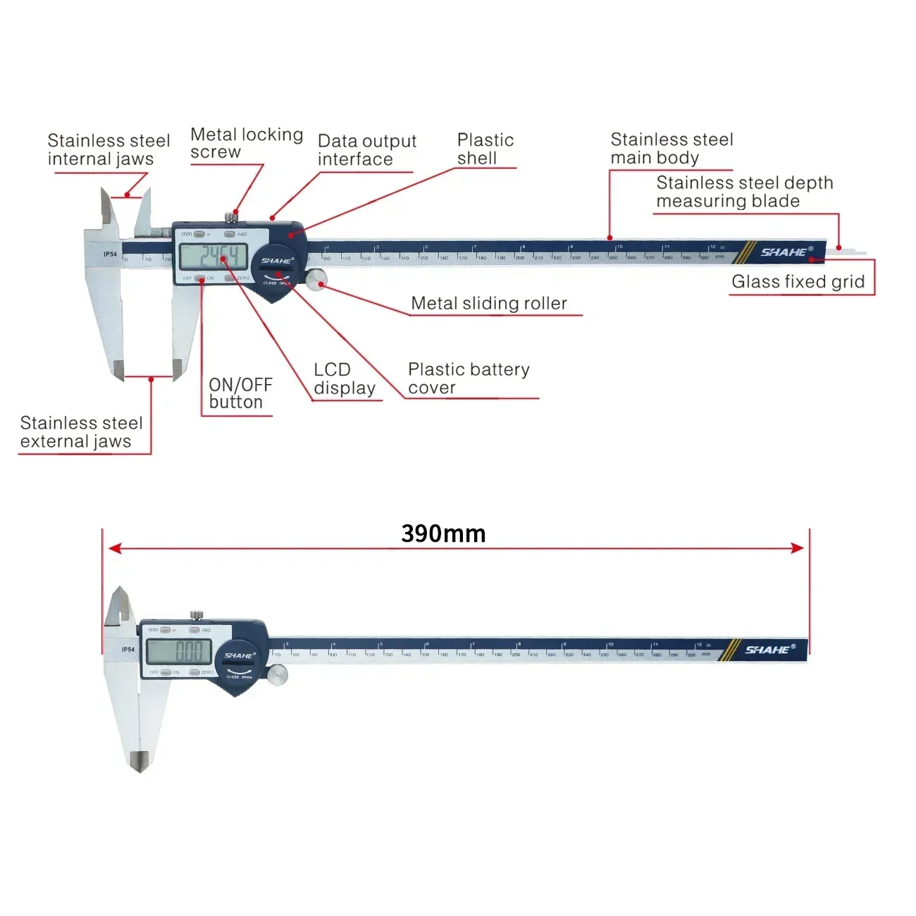 Shahe Stainless Steel Body LCD Gauge Vernier Measuring Tool Digital Caliper Vernier Gauge Micrometer Digital Caliper 0-300 mm