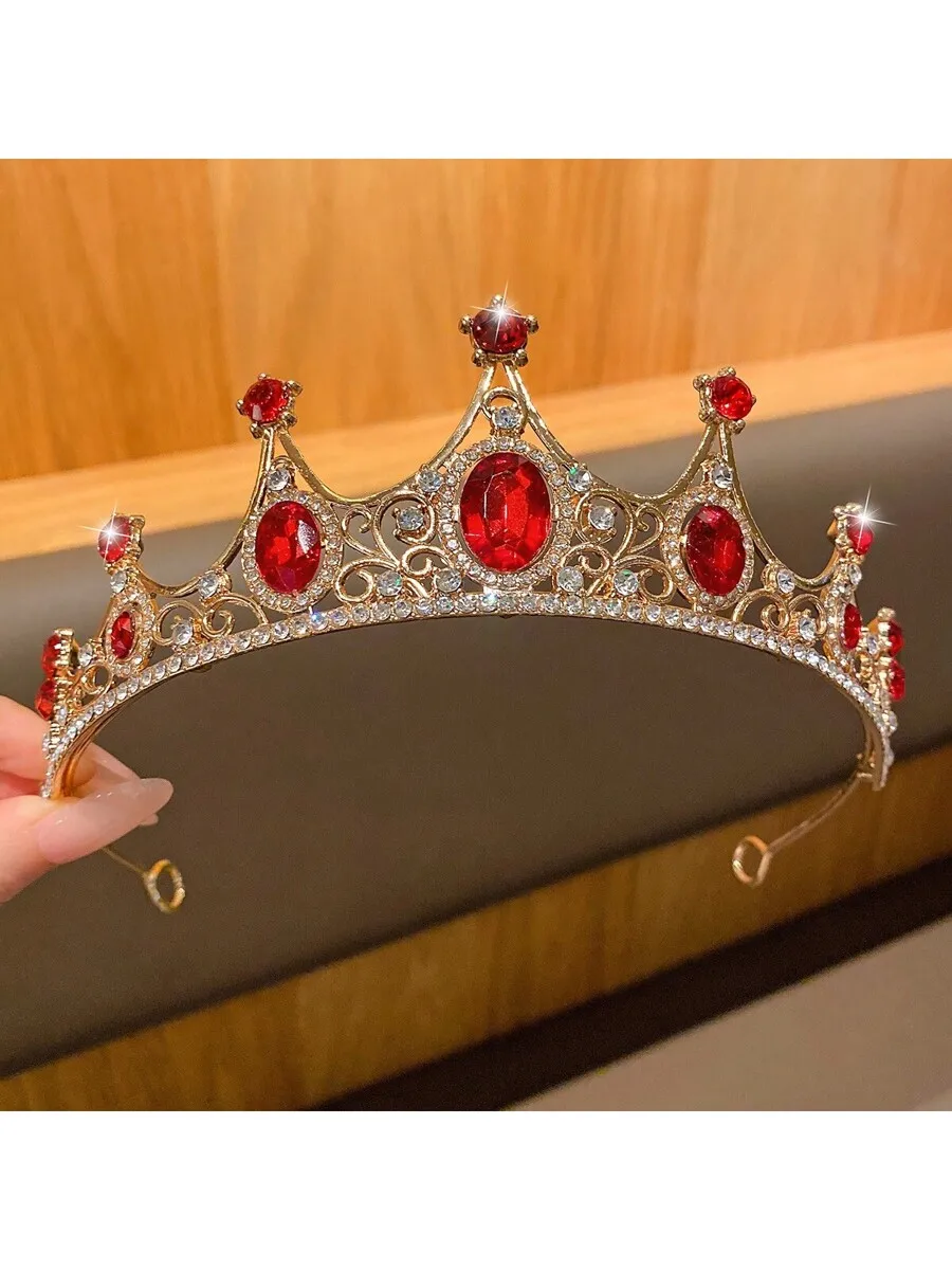 

Luxurious Red Gemstone Crown Tiara With Gold Filigree For Wedding Party Performance Hair Decoration
