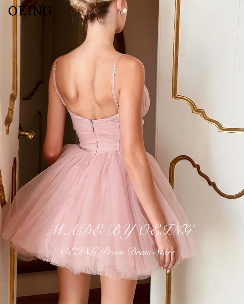 OEING Elegant Pink Tulle Prom Dresses Spaghetti Strap A-Line Evening Dress Sweetheart Sleeveless Above Knee Party Gowns 2024