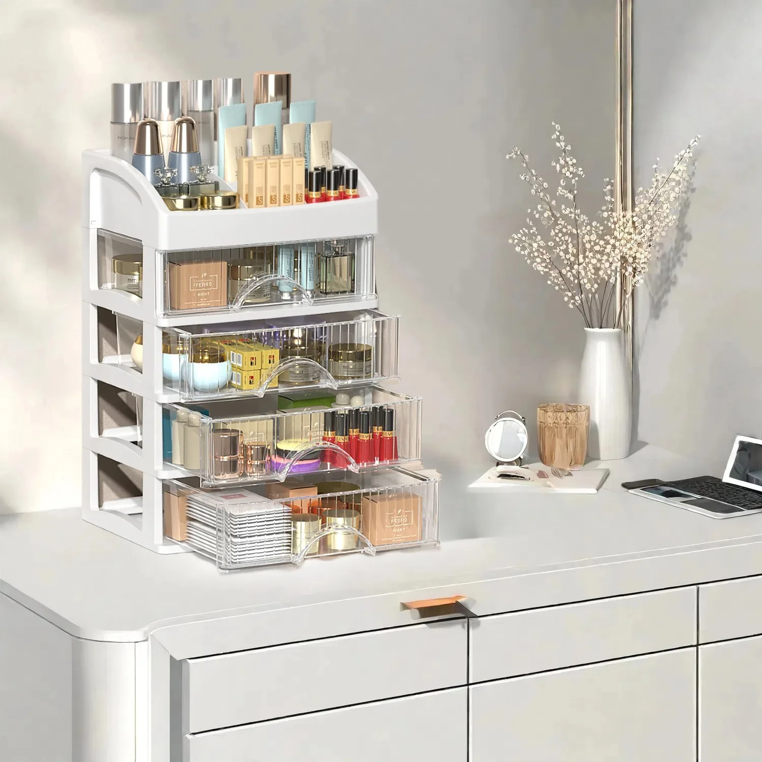 Drawer Style Storage Box Transparent Jewelry Skin Care Products Storage Box High-capacity Desktop Clutter Dustproof Organizer