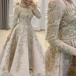 Long Sleeve Beading Beads Party Dress Ankle Length O Neck Applique Prom Ball Gown Belt Embroidery Lace Evening Cocktail Dresses