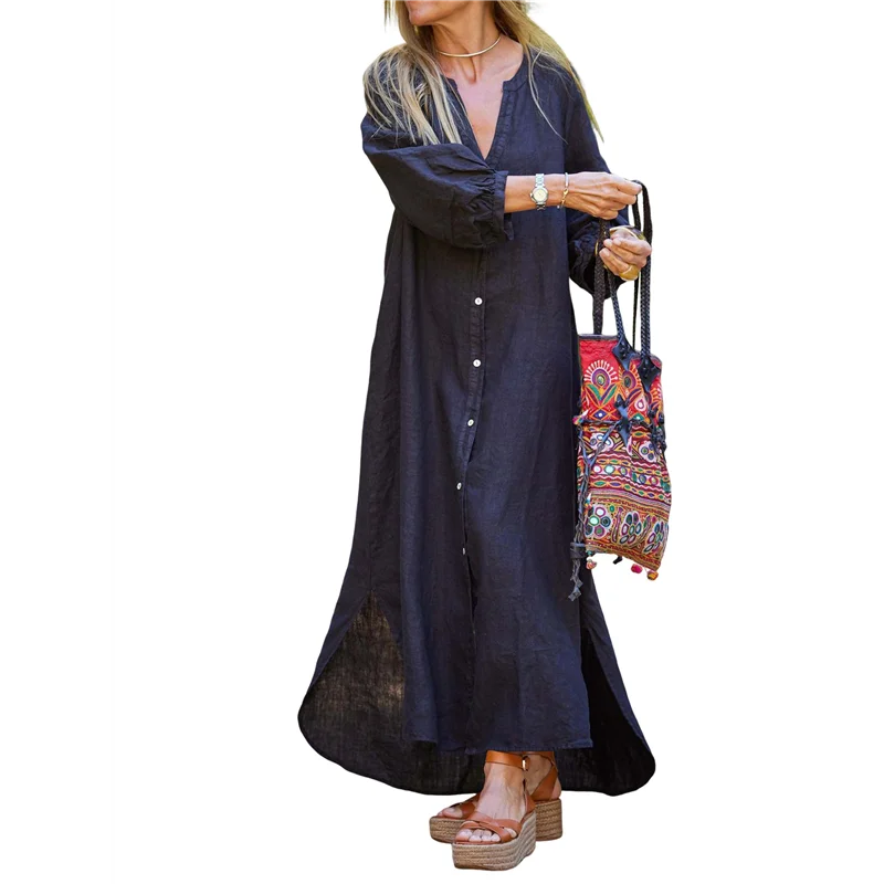 ชุดเดรสเชิ้ตผ้าลินินแขนยาวคอปกทรงหลวมสไตล์ลำลองสำหรับผู้หญิง CGS-Women Summer
