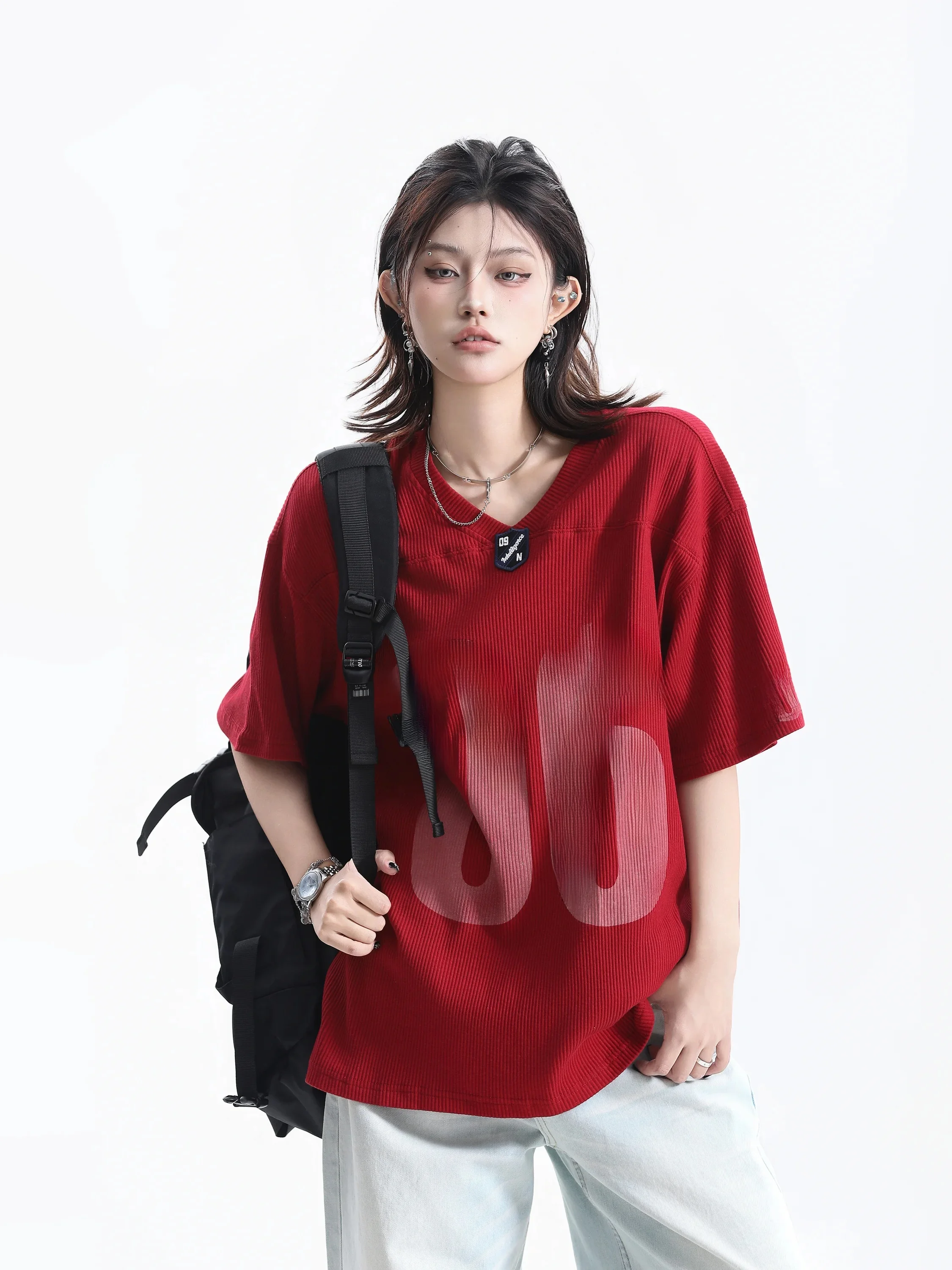 Retro Vintage Printed V-Neck T-Shirt Women's Short Sleeve Korean Style Casual Loose Fit Ball Game Shirt Unisex Summer Top