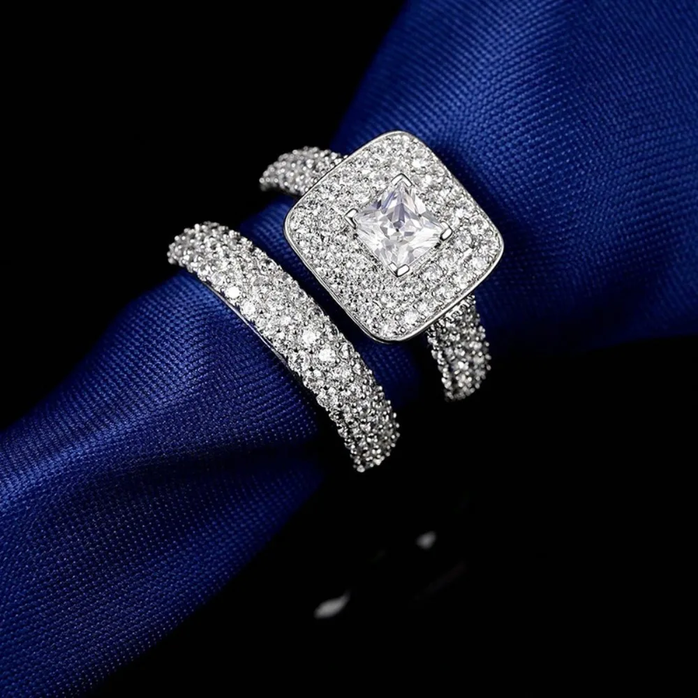 2pcs Double-layer Ladies Luxury Ring Set Diamond Silver Wedding Preferred Jewelry Stackable Finger Rings Valentine's Day Gift