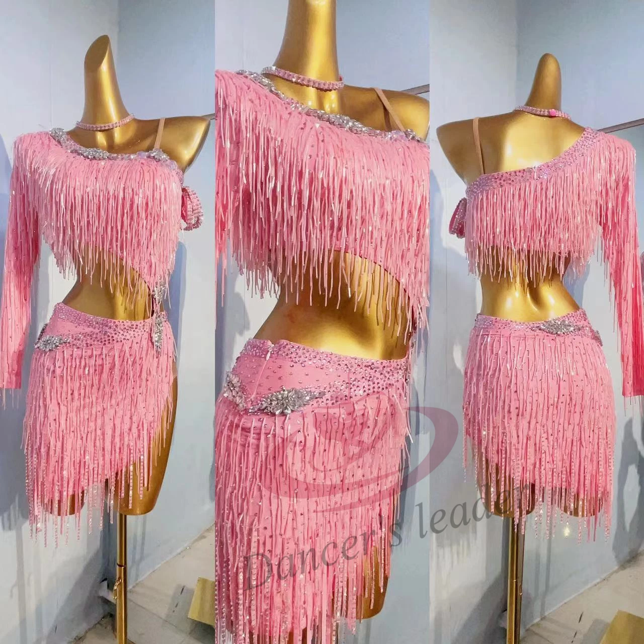 Concorso di danza latina Abbigliamento da donna Personalizzato di fascia alta per bambini Rosa carino Rumba Samba Performance Costume Abito Blackpool