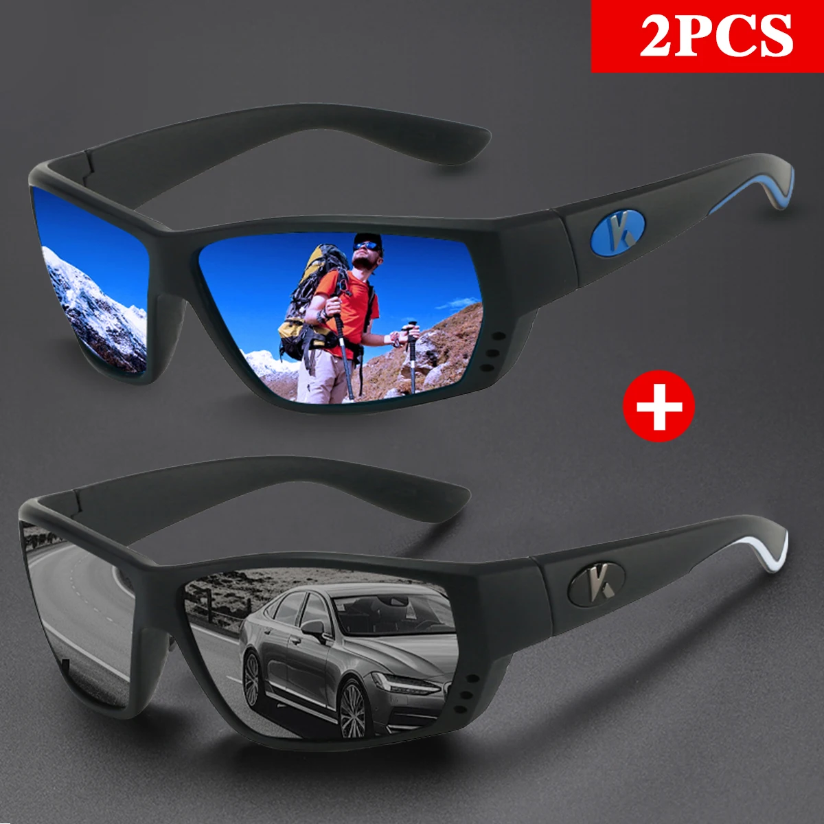 KAROS 2PCS Polarized Sports Sunglasses for Men UV400 Hipster Glasses Hiking Glasses Men's Sunglasses Cycling Driving Sunglasses