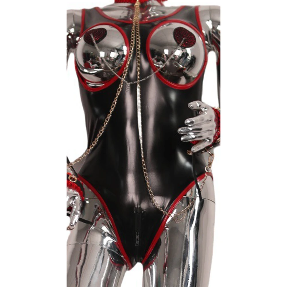 S-4XL Hollow Out Wet Look PVC Tank Catsuit Shiny PU Leather Zipper Crotch Sleeveless Bodysuit Tight Leotard Body Teddies Unitard