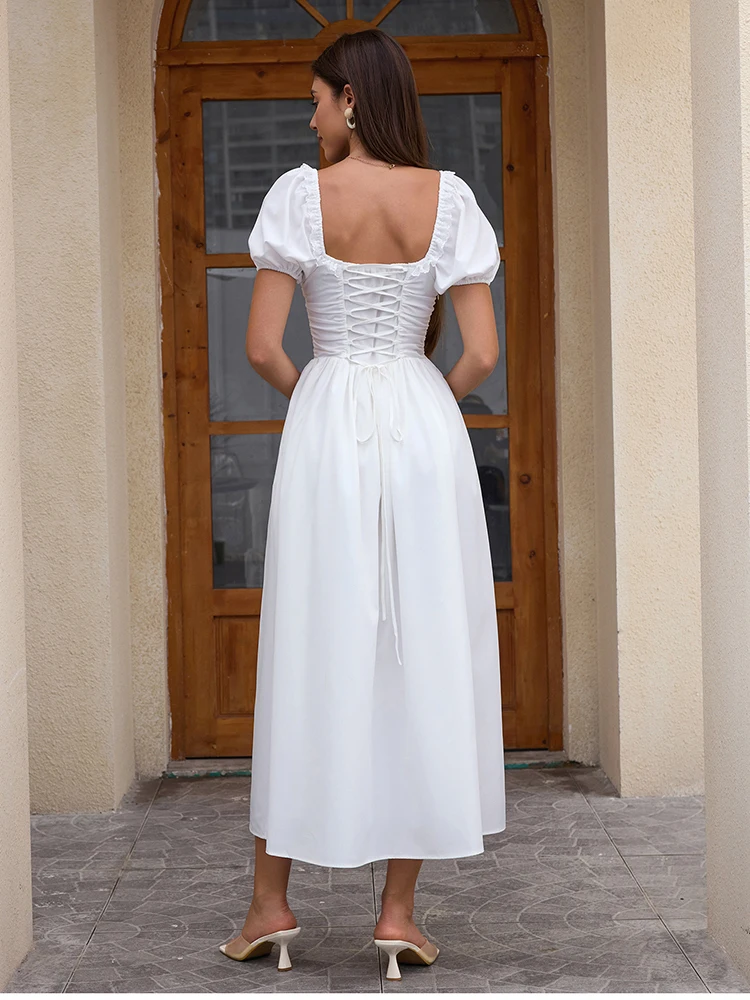NewAsia Women's White Puff Sleeve Midi Dress Lace Trim A-Line Backless Tie Pockets Elegant Wedding Guest Vacation Long Dresses