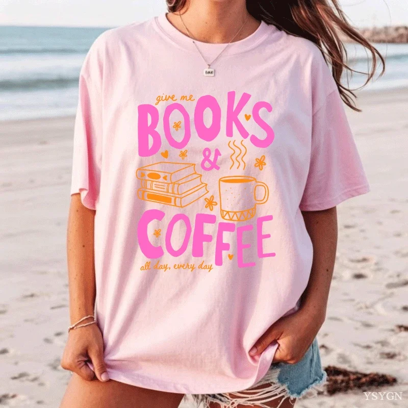 Books and Coffee Graphic T Shirts Book Lover Tee Reading Coffee Lover Bookish T-Shirt Casual Cotton Short Sleeve Printed Tops