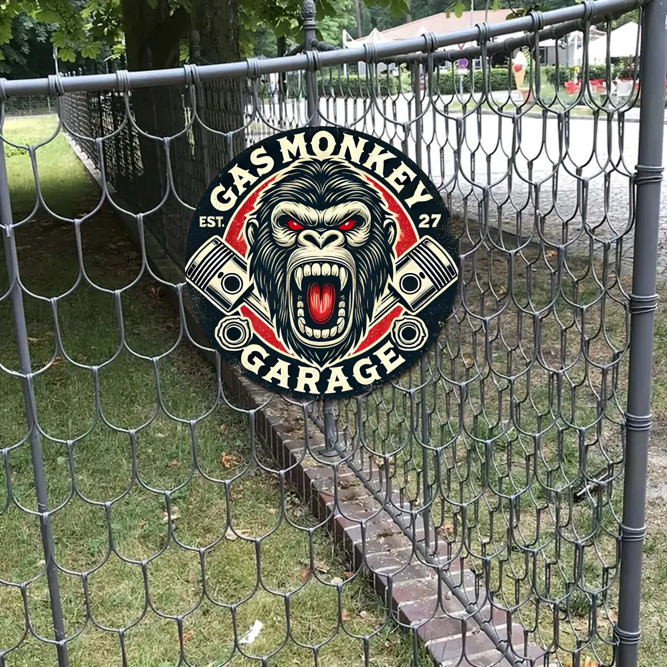 Vintage Runde Gas Monkey Garage Metall-Blechschild, Retro-Garagen-Thema Aluminium-Wandplakette Deko für Männerhöhle, Bar, Heim-Wandkunst