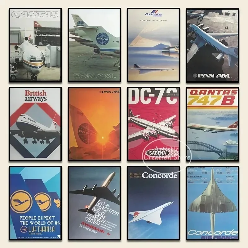 Póster de aviación supersónico de Concorde Retro, arte de avión, pintura en lienzo, impresiones, decoración de pared del dormitorio, regalos de viaje para sala de estar