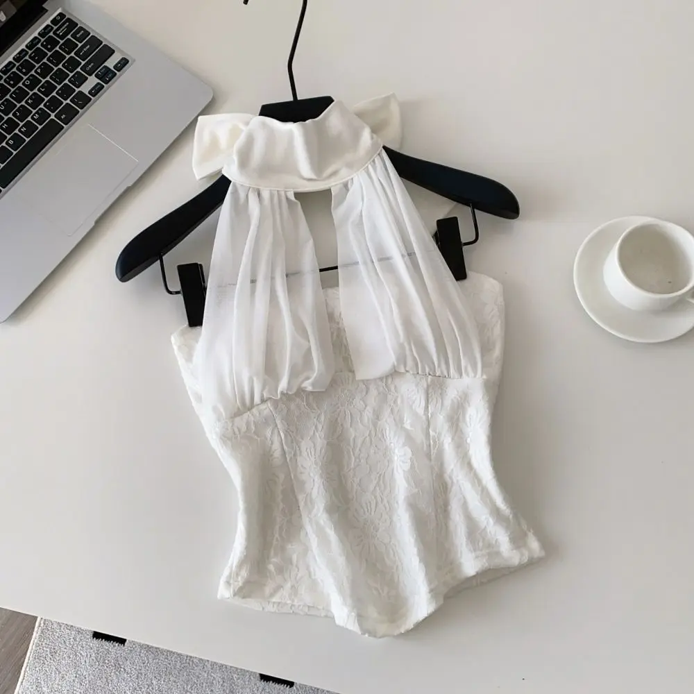 Fashion Sleeveless Lace-up Camisole Pleated Halter Lace Vest Tops Solid Color Beach Wear Women's Crop Top Beach