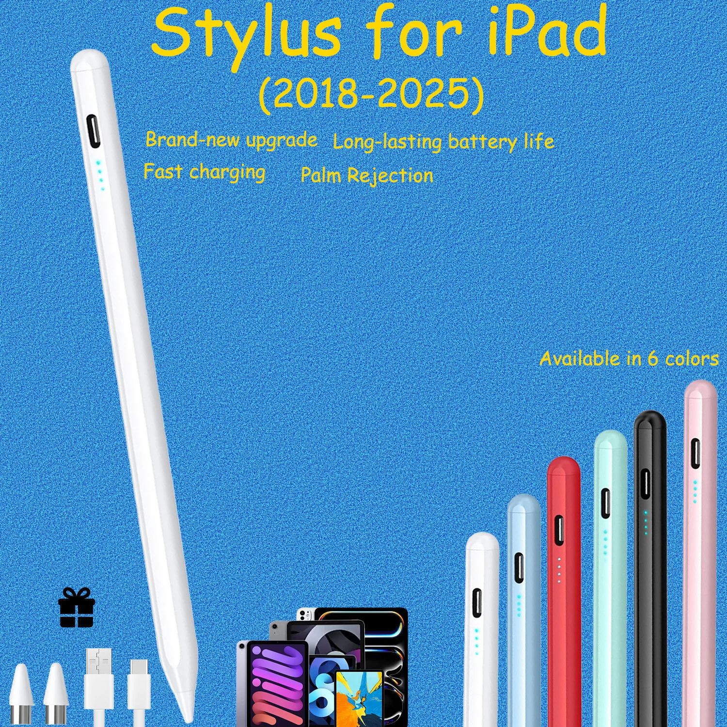 

Stylus Pen for iPad Air/Mini/Pro 2018+, Palm Rejection, Fast Charge, Long-Lasting Battery, Side Magnetic Adsorption, Universal