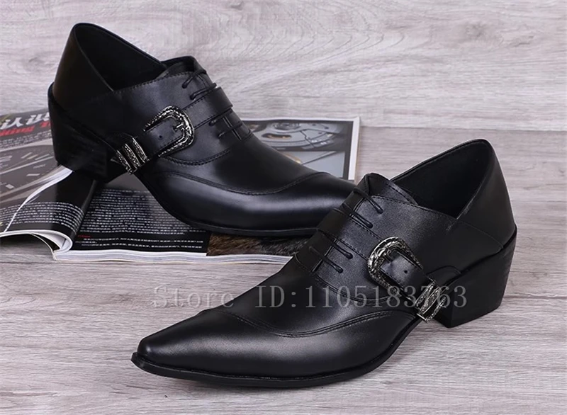 블랙 정품 가죽 남성 비즈니스 신발 뾰족한 발가락 레이스 업 버클 두꺼운 굽 옥스포드 웨딩 파티 정장 드레스 신발