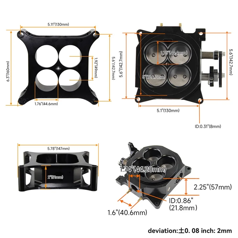 1000Cfm 4 برميل 1.75 بوصة الأساسية برميل 4150 شفة المكربن خنق الجسم + 2 "CNC تشكيله المكربن فاصل مربع ل تشيفي GM