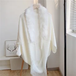 Ponchos et capes à col imitation fourrure pour femmes, châles et enveloppes d'hiver, franges bohèmes, cardigan à manches, Everak blanc