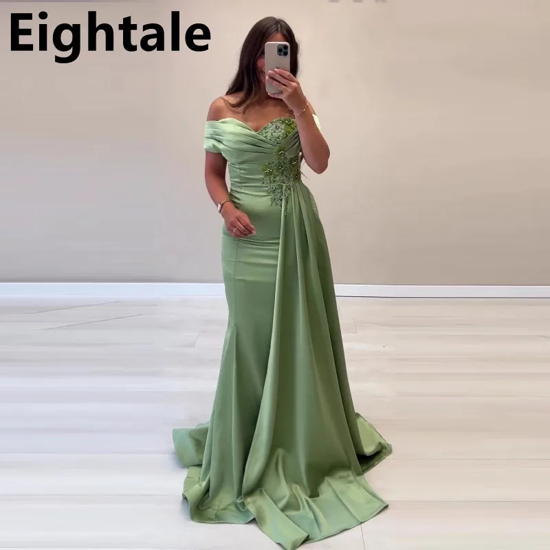 Eightale Aus Shouder Gras Grüne Meerjungfrau Abendkleid Perlen Lange Luxus 2022 Dubai Frauen Satin Formale Party Kleid