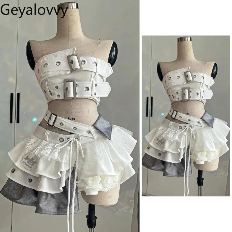 

Hottie Punk Style Y2k Tube Top Lace-up Belt Vest and Irregular Lace Cake Tutu Short Skirt Summer Sweet White Two Piece Set