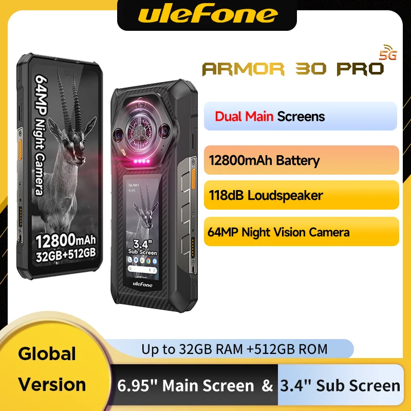 【2025 New】Ulefone Armor 30 Pro 5G Rugged Phone Smartphone Android 14 32GB+512GB 12800mAh Night Camera 64MP NFC Loud Speaker