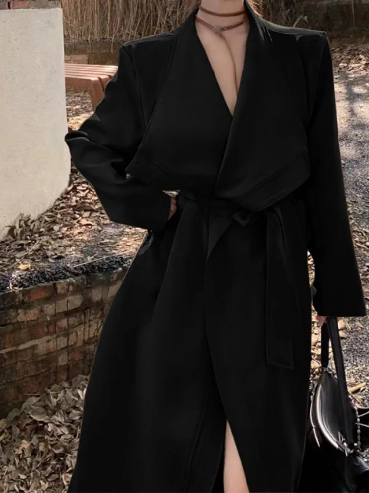 2025 Autumn Windbreaker Women's Khaki Black Trench Coat Casual Loose Slim Fit Large Lapel Cardigan Style Long-Sleeve Outerwear