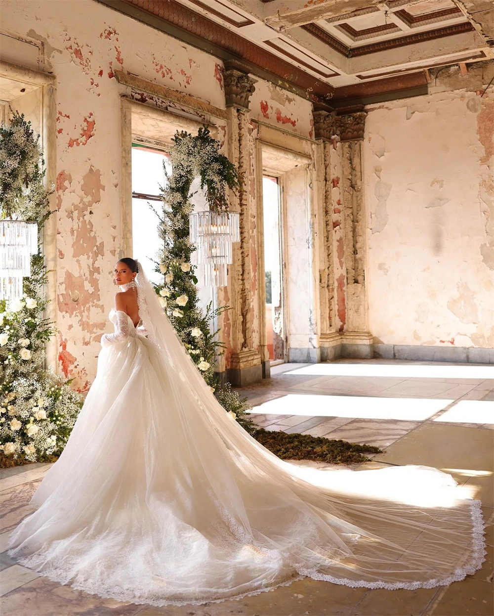 맞춤형 섹시한 화이트 레이스 로브 드 마리에 포멀 보트넥 긴 소매 웨딩드레스 매력적인 A라인 채플 트레인 웨딩드레스