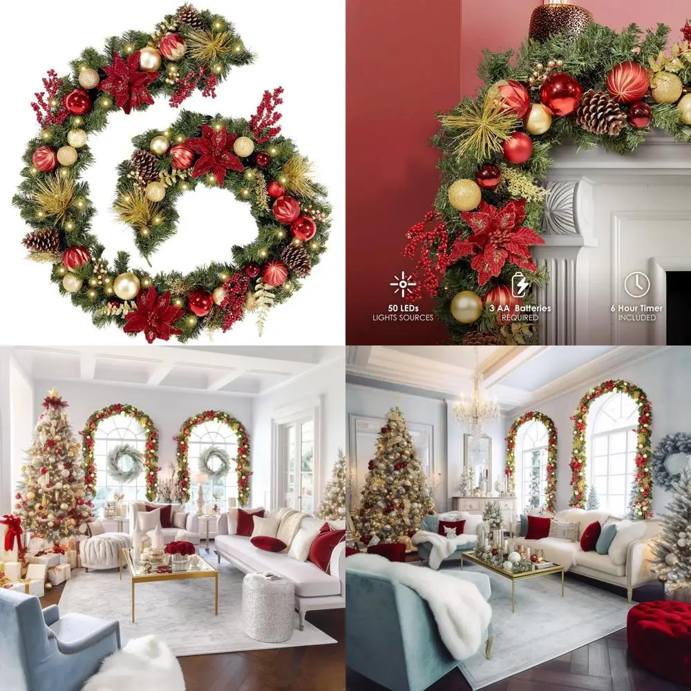

Classic Red and Gold 9 Feet Christmas Garland with 50 LED Lights, Battery-Powered Holiday Decorations, Pre-lit for Easy Setup