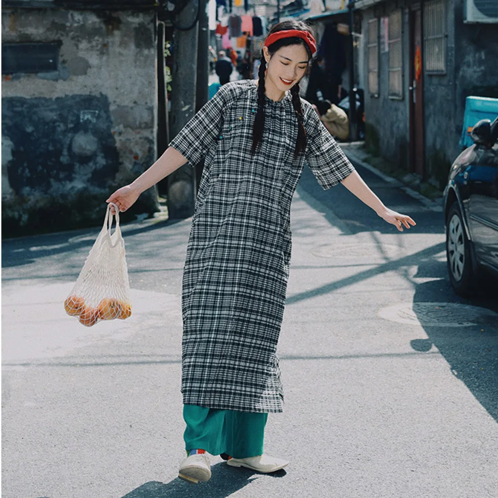 

Ladies Casual Checkered Qipao Vintage Button Dress Short-Sleeved Summer Loose Cotton Linen Artistic Elegant Cheongsam Long Dress