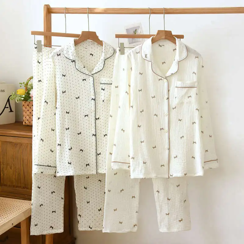 Sweet Floral Print Women‘s Double Gauze Cotton Pajama Set, Crinkle Texture Long Sleeve & Relaxed Fit, Breathable Lightweight Spr