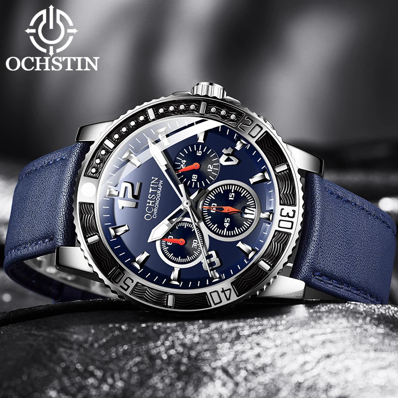 OCHSTIN-reloj deportivo de cuero para hombre, cronógrafo militar, resistente al agua, luminoso, de cuarzo, con fecha