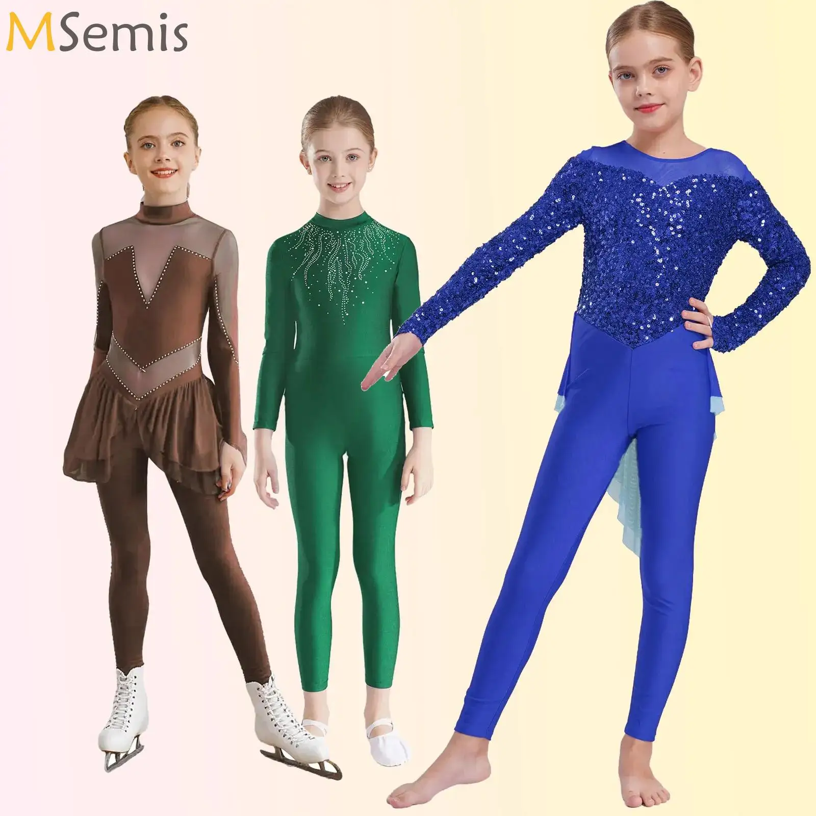 

Kids Girls Figure Skating Performance Jumpsuit Sheer Mesh Shiny Rhinestones Bodysuit Gymnastics Ballet Dance Skirted Leotard