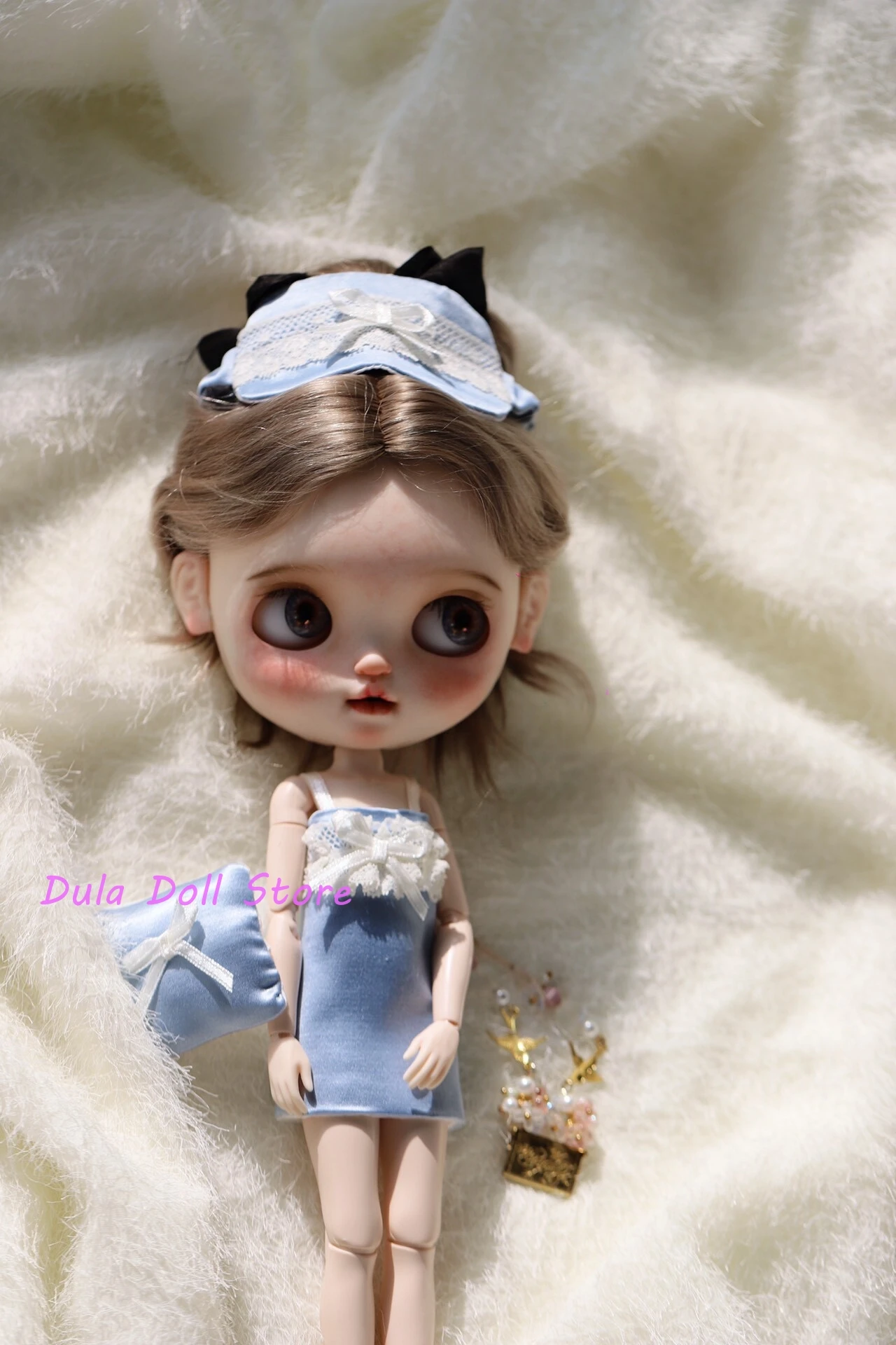 S Dula Doll Clothes Abito in vero pizzo di seta e maschera per gli occhi per Blythe Landazz Landoudou ob24 ob22 Bjd Doll