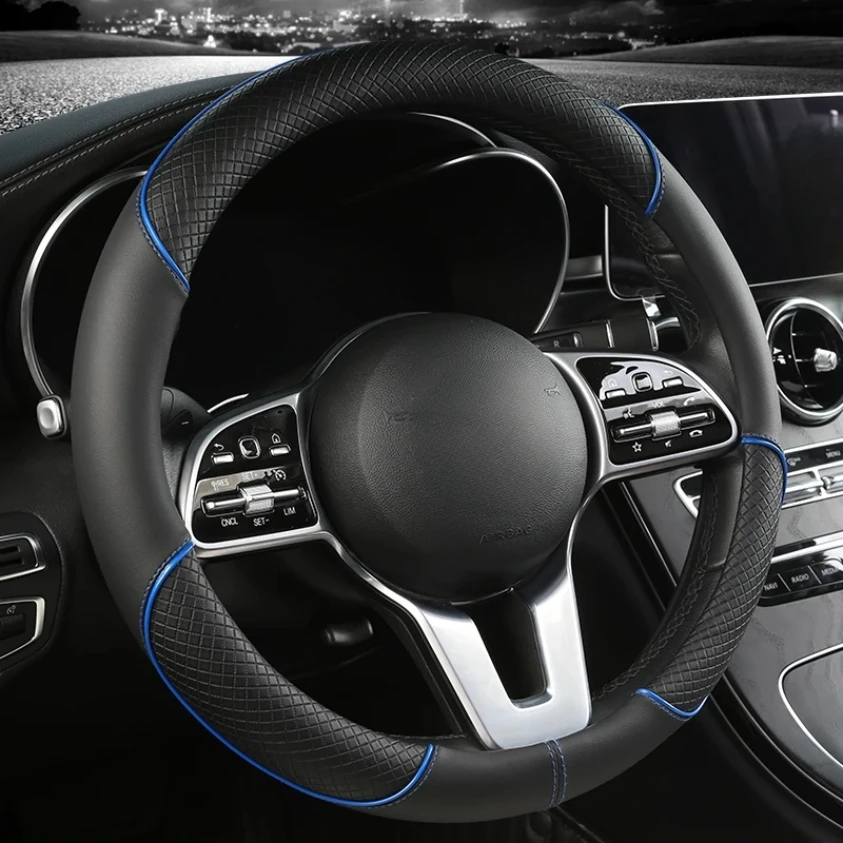 

All Seasons Leather Diamond Steering Wheel Cover Universal Fit for 14 .5-15 Inch Durable Leather Cover Anti-Slip Veins Design