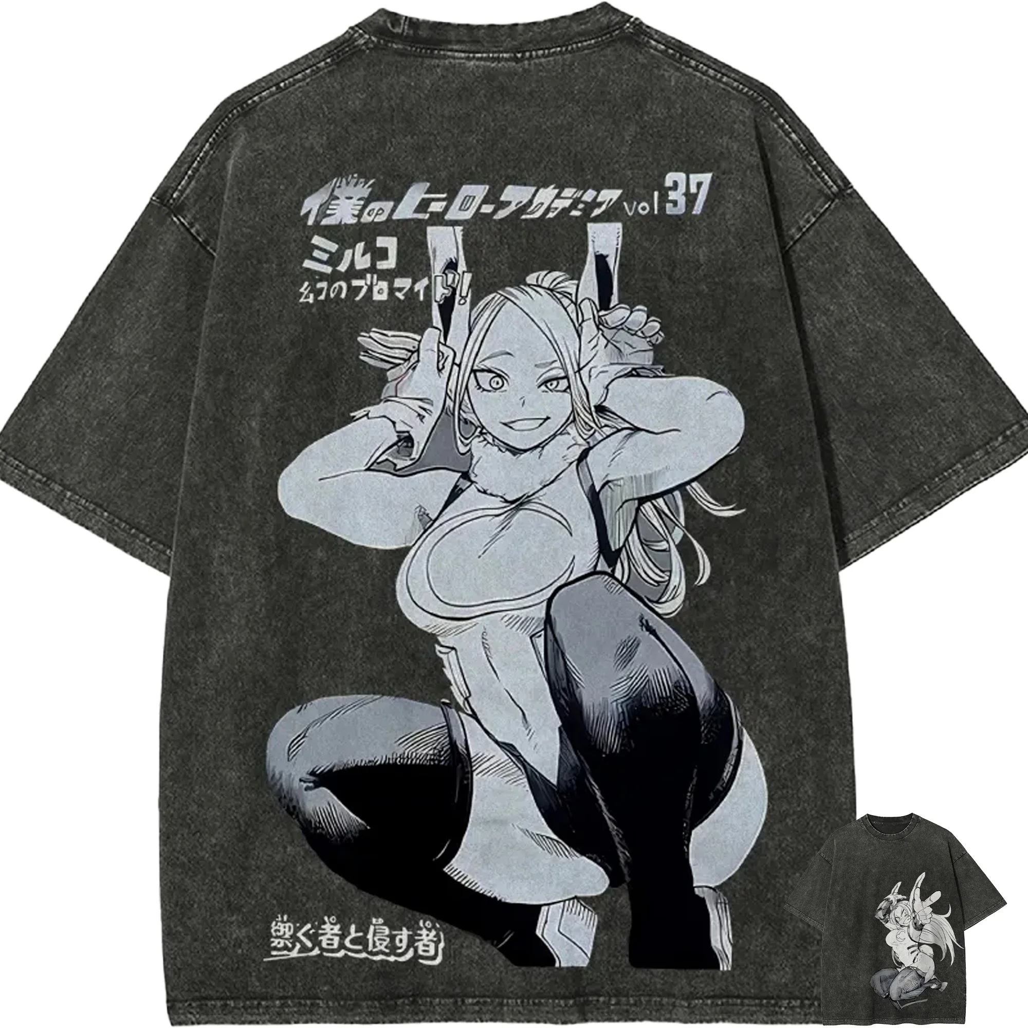 Camiseta Mirko My Hero Academia para Hombre, Estilo Acid Wash, Anime Manga Vol. 37, Diseño Gráfico, Algodón, Streetwear, Conejo Héroe, Vintage