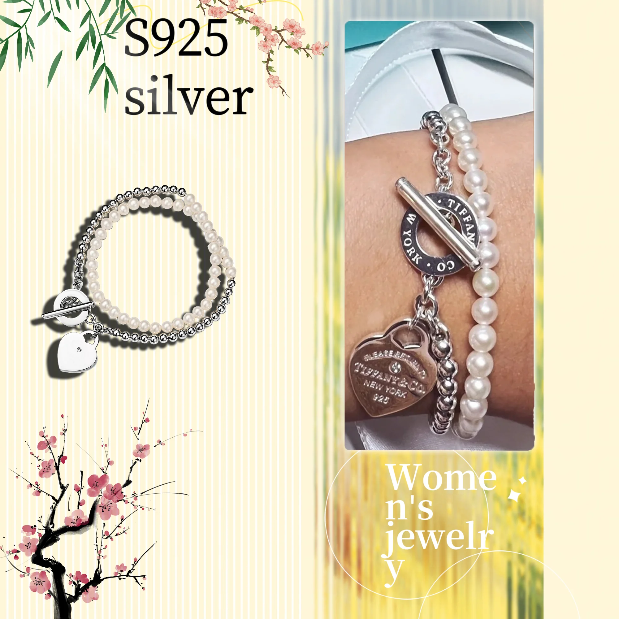 

S925 pure silver women's jewelry with double chain pearl design bracelet for marriage proposal occasions, wearing as a gift