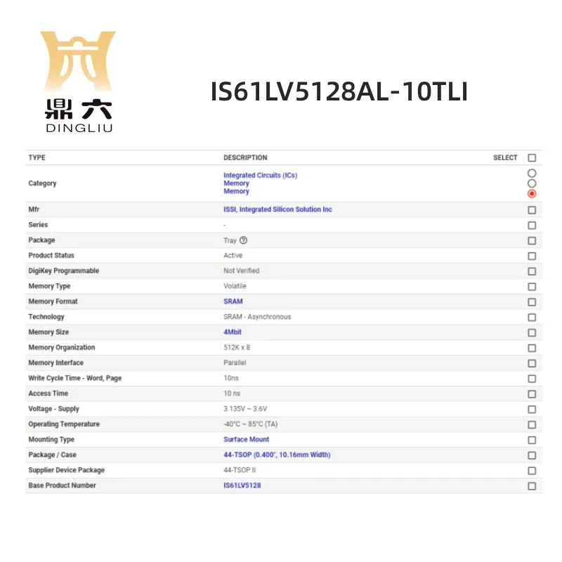 IS61LV5128AL-10TLI SRAM - Asynchronous Memory IC 44-TSOP