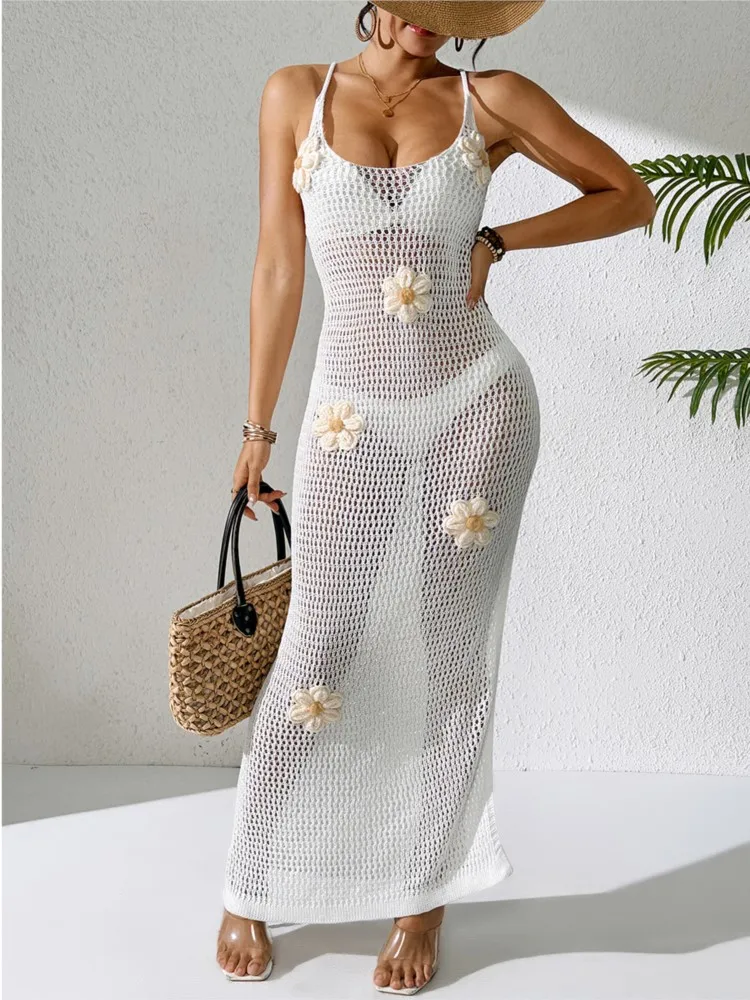 Robe de plage en tricot pour femmes, Sexy, ajourée, sans manches, Cover-Up pour Bikini, robes Maxi de vacances, été, 2026