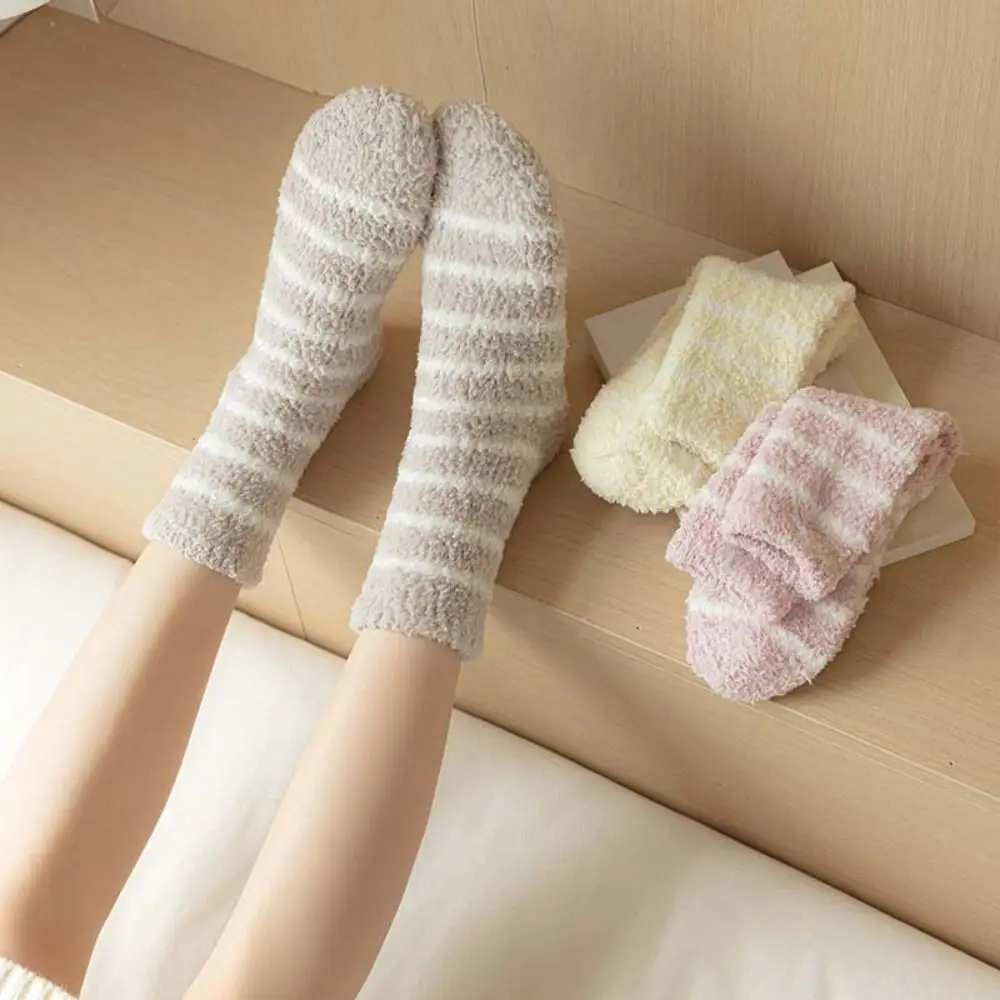 

6Pairs Warm Stripe Coral Fleece Socks Plush Warm Thicken Velvet Socks Soft Patchwork Sleeping Socks Fall/Winter