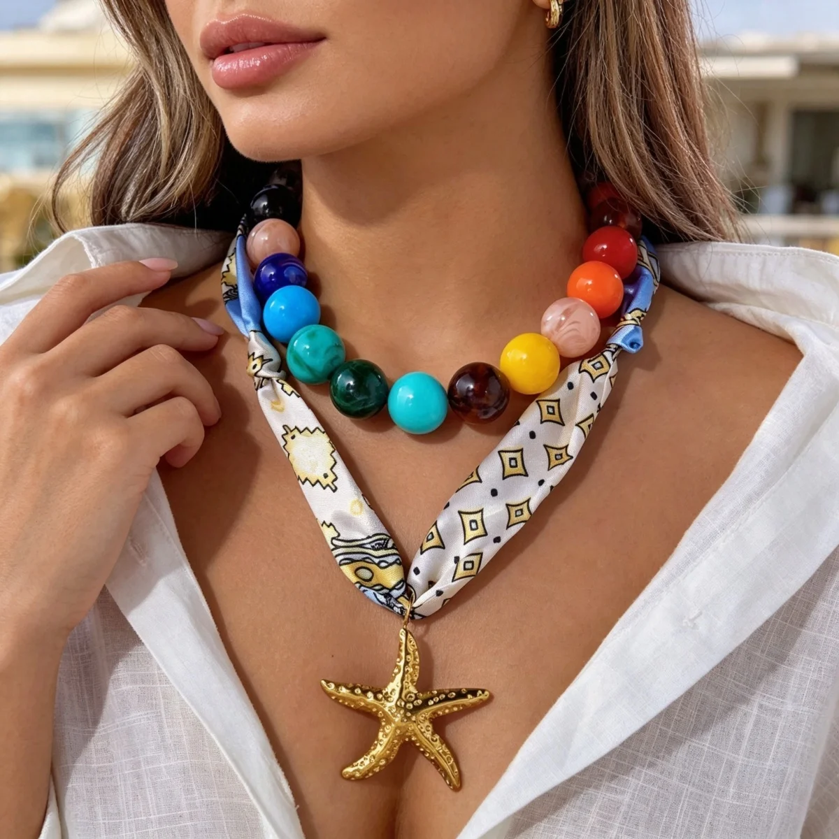 Bunter Acryl-Rundperlen-Schal mit Aufdruck, Seestern-Halskette für Frauen, Doppelschichtiger Edelstahl-Stern-Choker-Schmuck – Detail 13