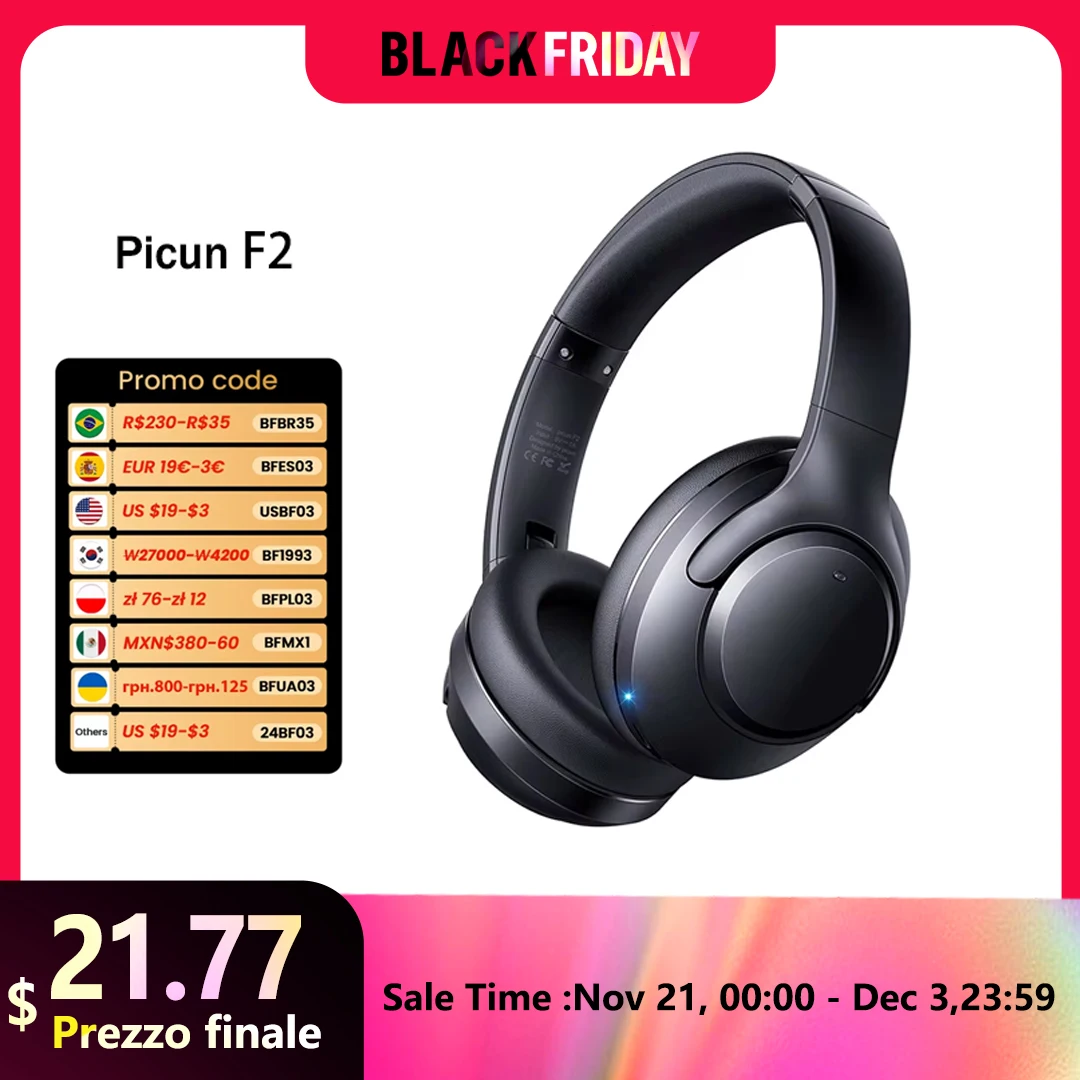 Picun F2 Bluetooth Headphones ANC Noise Canceling HD Mic ENC Calls 25ms Low Latency Wireless Headset HIFI Sound APP Dual Connect