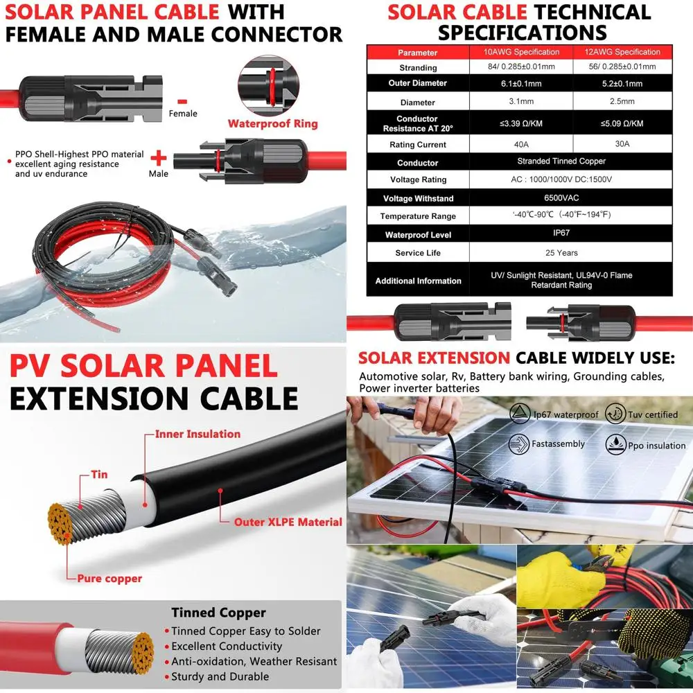 

50ft Extension Cable, 12AWG, Male and Female Waterproof Connectors, Solar Panel System (50ft Red + 50ft Black)